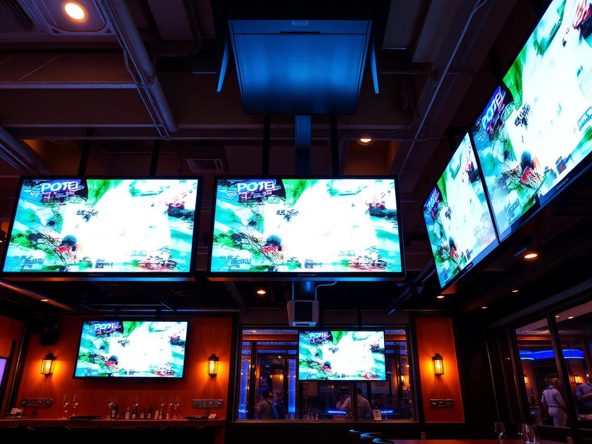 Multiple large displays mounted throughout a Chicago sports bar with managed cabling