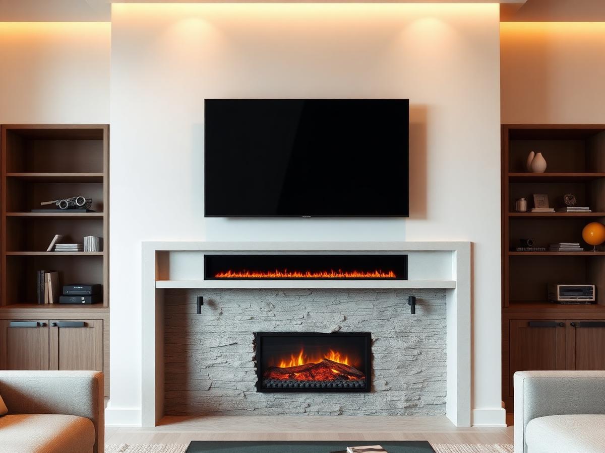 TV mounted above a modern linear fireplace with stone surround and hidden wiring